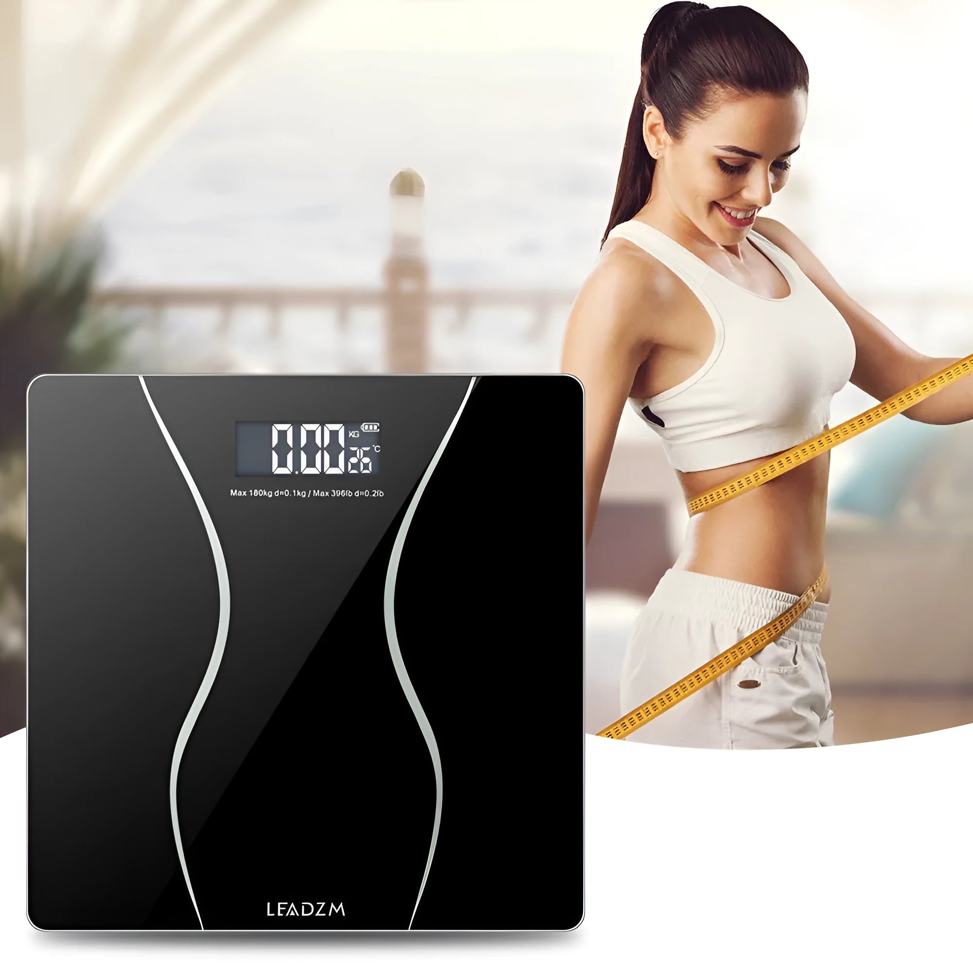 Black electronic digital body scale on a floor, showing a weight reading.