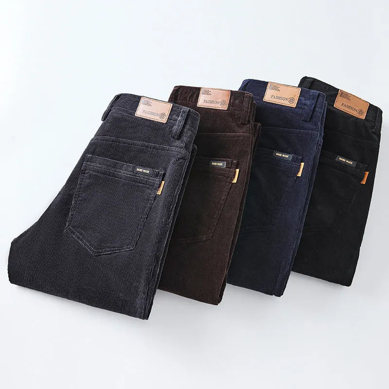 Slim fit straight corduroy trousers in cotton for men, mid waist, available in black, dark gray, navy blue, brown