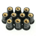 Black brass and rubber expansion well nuts for motorcycle windshield mounting in M4, M5, and M6 sizes.