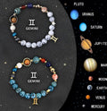 Twelve Zodiac Sign natural stone beaded bracelets with elastic cords, showing Aries and Leo charms.