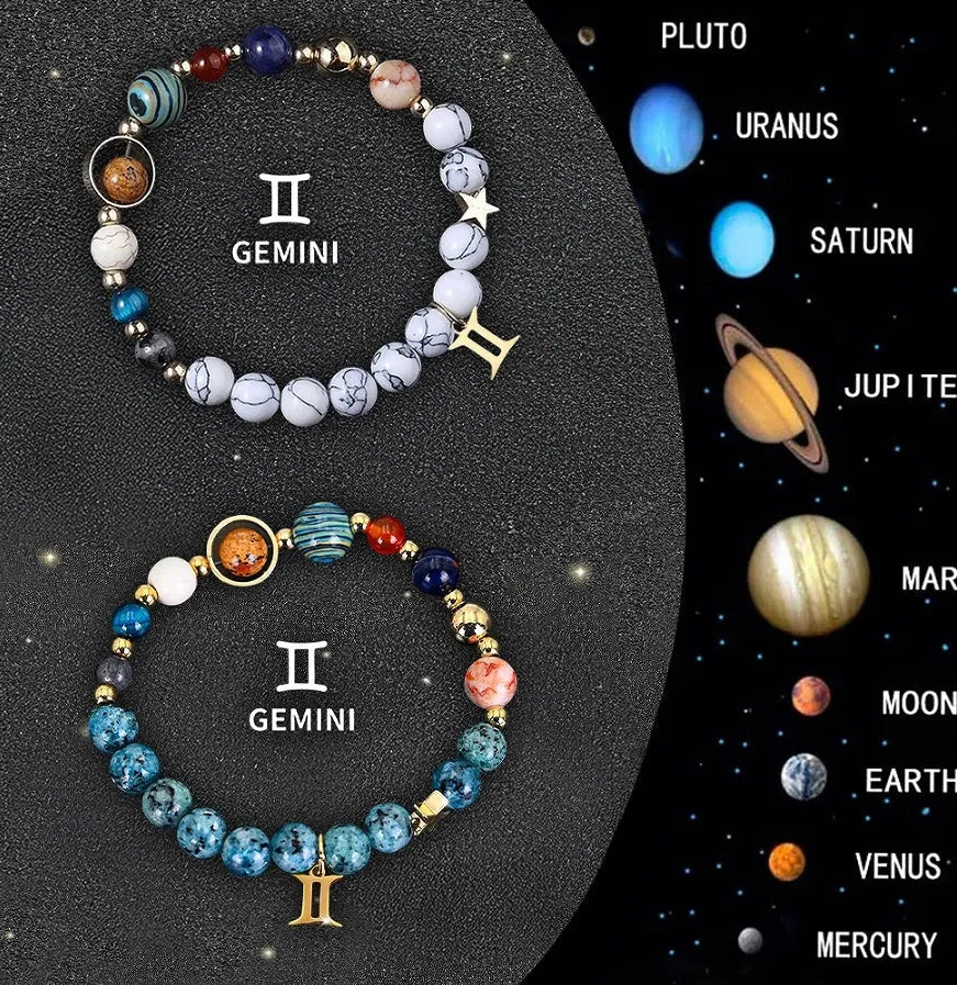 Twelve Zodiac Sign natural stone beaded bracelets with elastic cords, showing Aries and Leo charms.