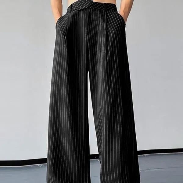Men's black vertical striped pleated casual trousers showing elastic fabric and Asian sizing options