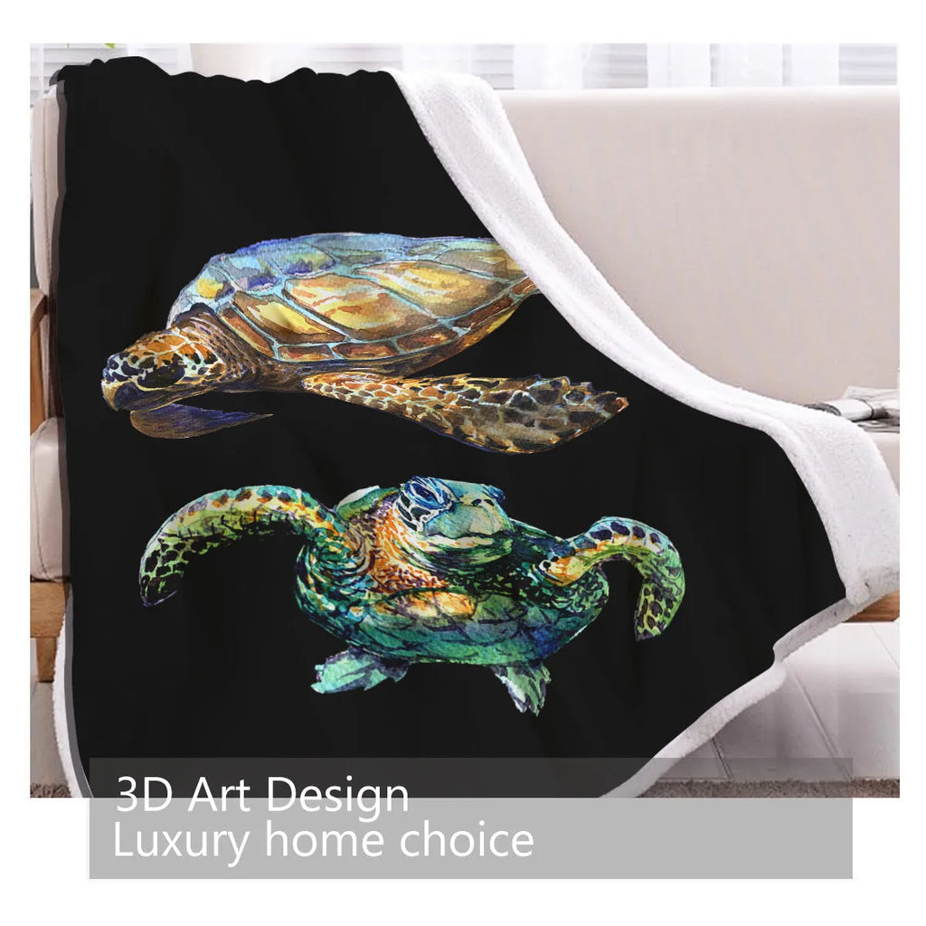 Black turtle pattern Sherpa fleece blanket on sofa, soft warm throw for home or camping