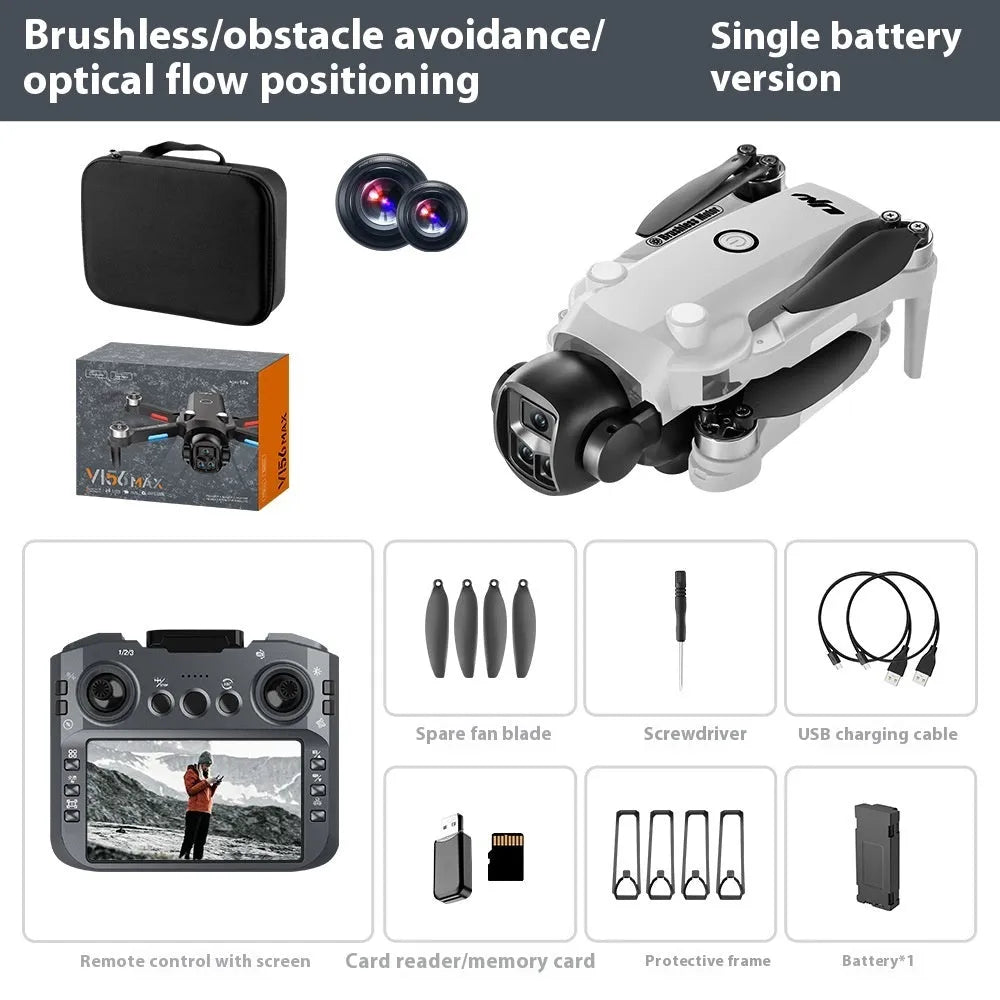 Black HD aerial photography drone with built-in screen and brushless motor on white background