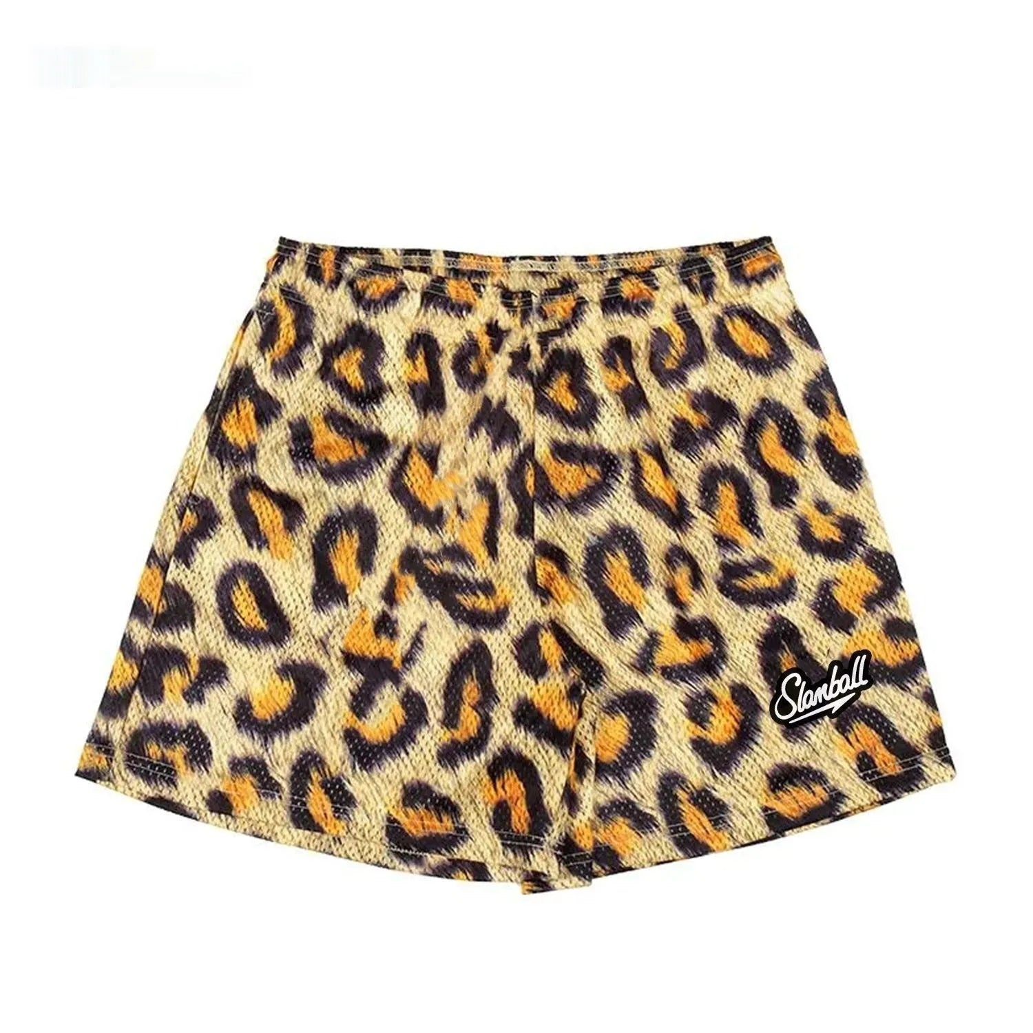 Men's leopard print fitness shorts with quick dry polyester fabric and milk silk lining