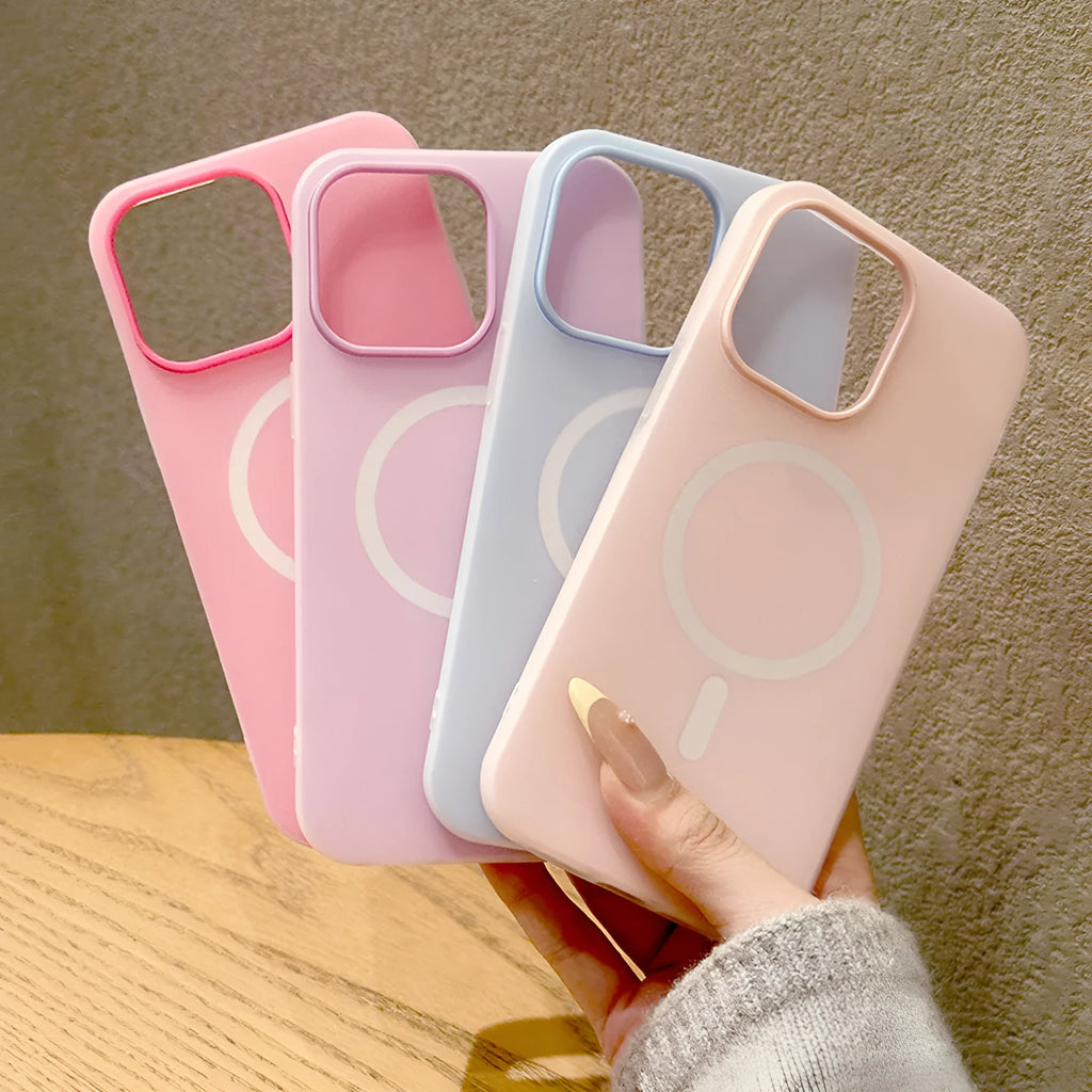 Double-layer magnetic phone case with frosted finish in beige for Apple iPhone 15