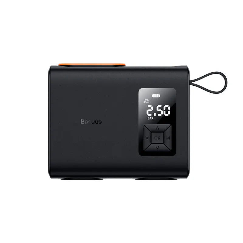 Black wireless car tyre inflator with compact design and LCD display
