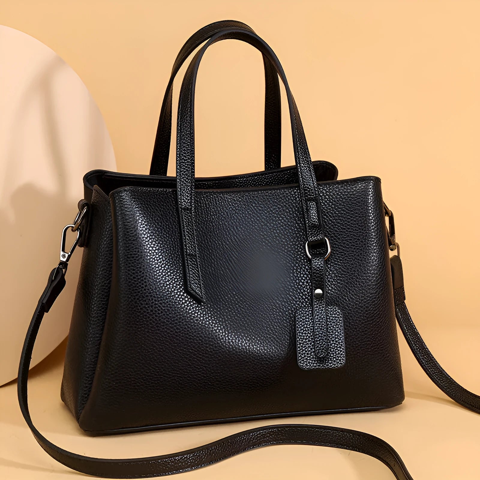Women's genuine cowhide leather handbag in horizontal square shape with multiple internal compartments