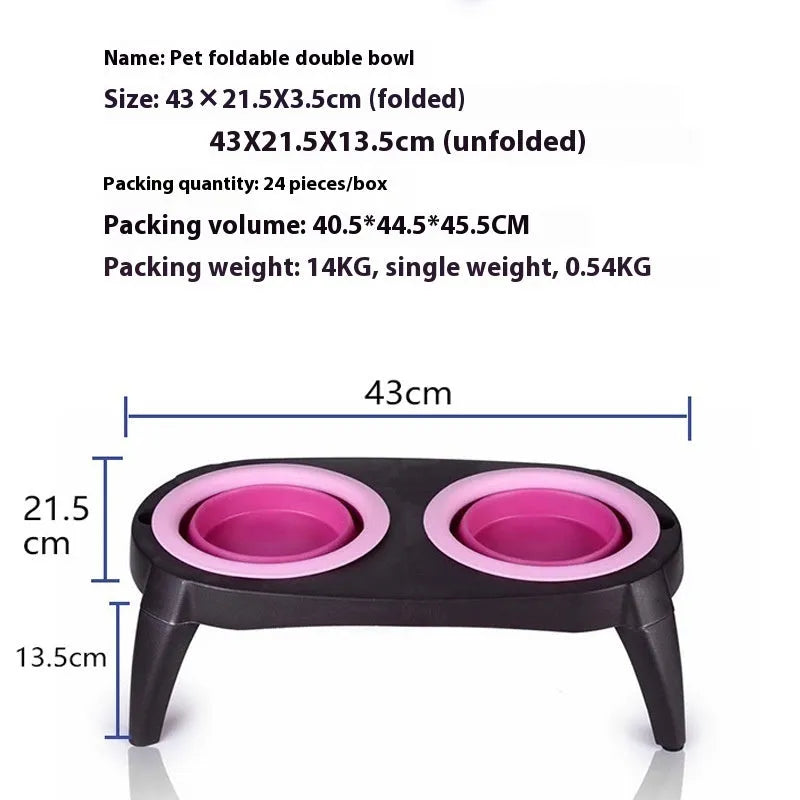 Blue folding double bowl dog feeder with separate food and water compartments