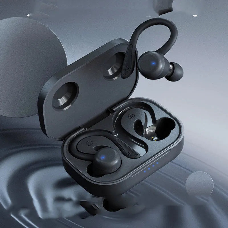 Noise-cancelling true wireless sports earphones with hanging ear design and removable stability accessories in multiple colours.
