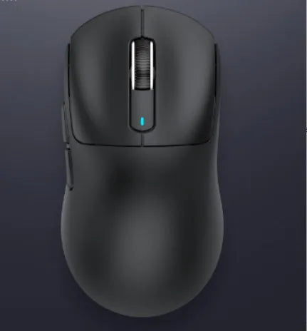 Black three-mode rechargeable Bluetooth mouse with USB receiver and parachute cord on a desk.