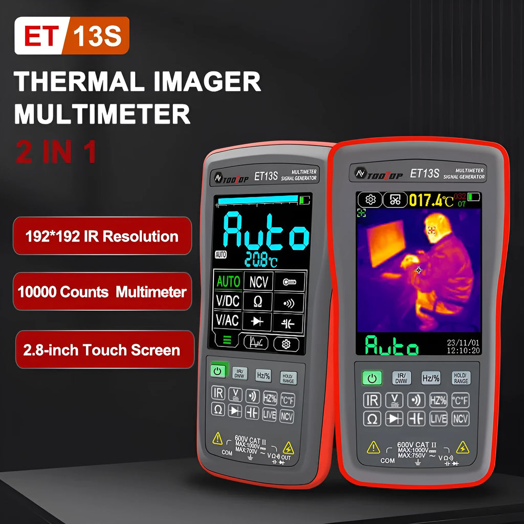 Thermal imaging multimeter with digital display showing temperature measurement and electrical testing functions