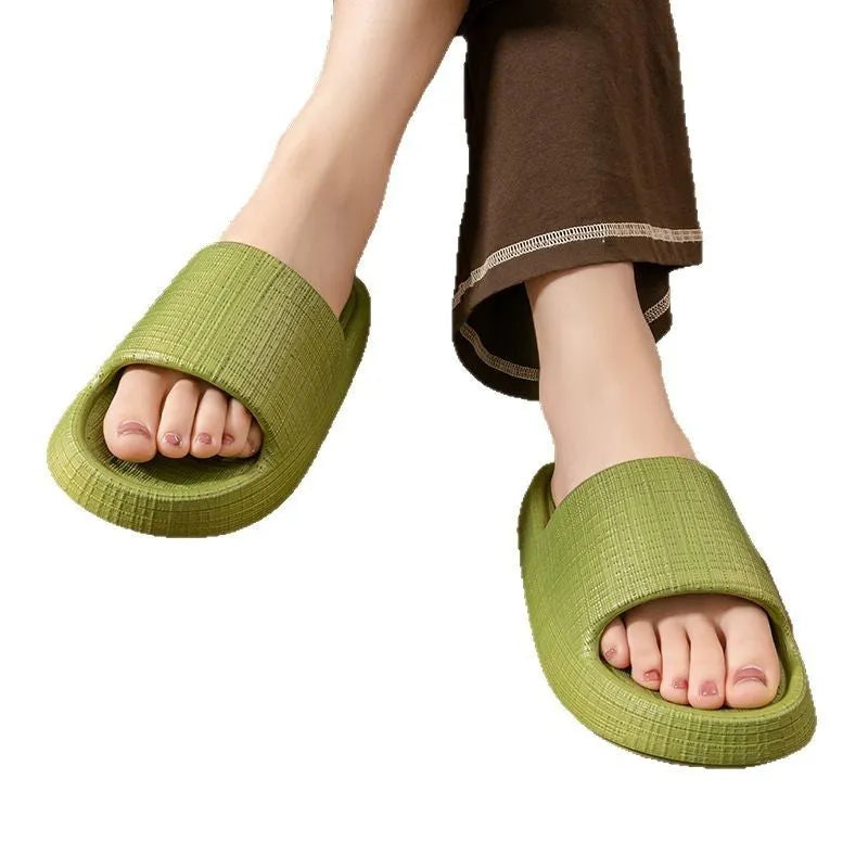 Women's non-slip EVA flip flop slippers in five colours, showing toe ring design and textured sole.