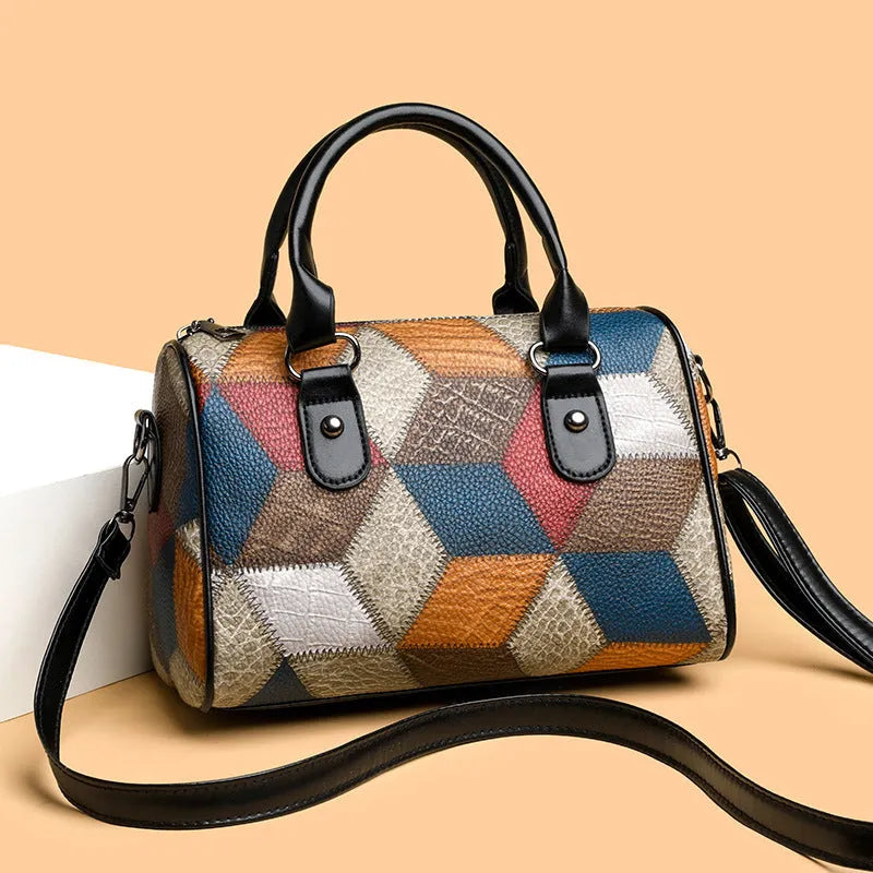 Fashion colour contrast plaid geometric pattern commuter crossbody bag in black PU material cylinder shape with rhombus element