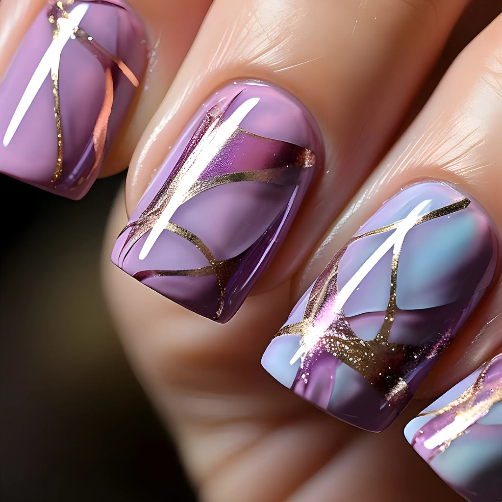 Purple striped nail stickers in medium length European and American style for nail art decoration.