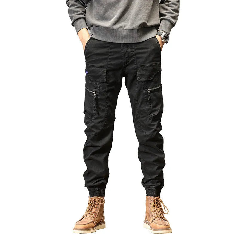 Men's cotton Japanese workwear overalls in army green, straight leg, mid-waist, autumn casual trousers