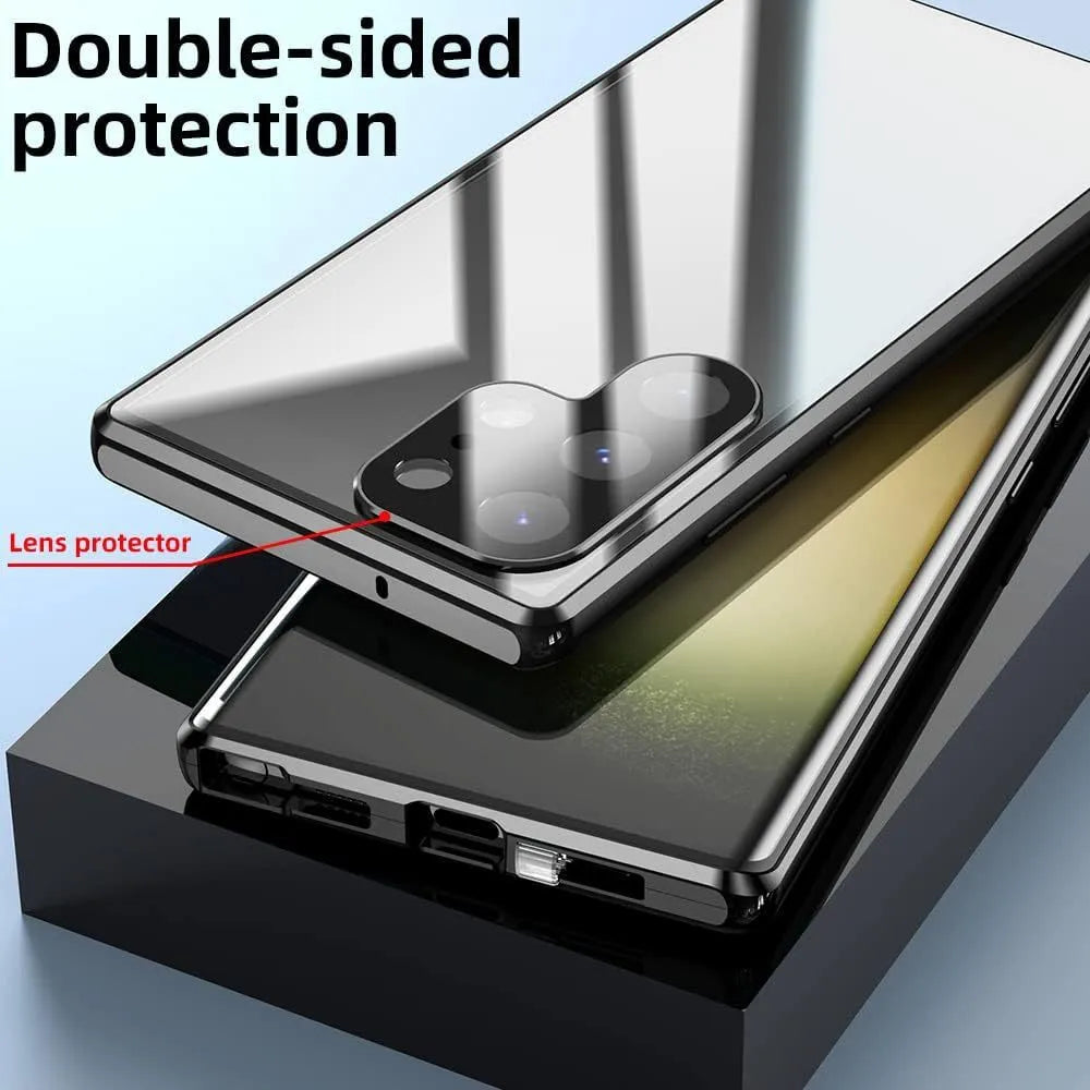 Glossy metal magnetic peep-proof phone case for Samsung with aluminium alloy glass construction and drop resistance