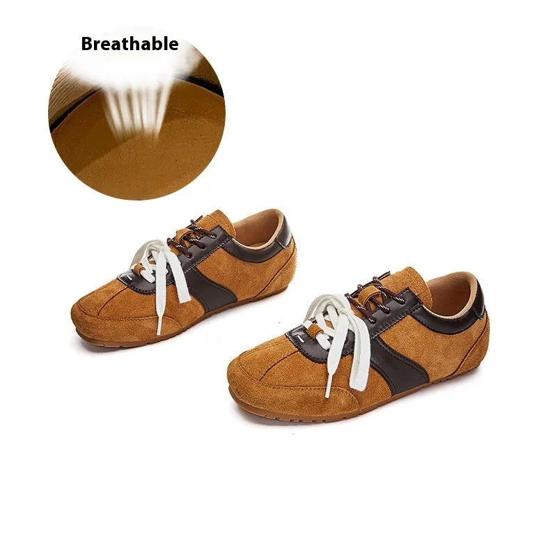 Women's white casual shoes with horsehair flocking texture, round toe and flat heel with lace-up front