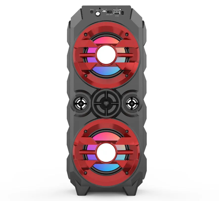 Portable Bluetooth speaker with colour light display and pull rod handle in blue plastic casing
