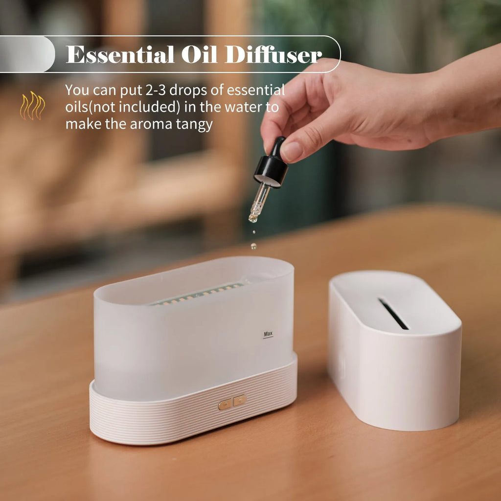 Square black or white aroma diffuser with flame LED light effect and water tank