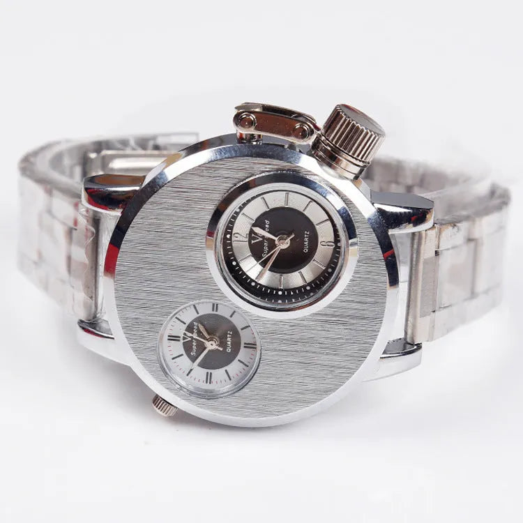 Large plate double-movement men watch with 40.5mm dial, spiral crown, and steel strap on a neutral background