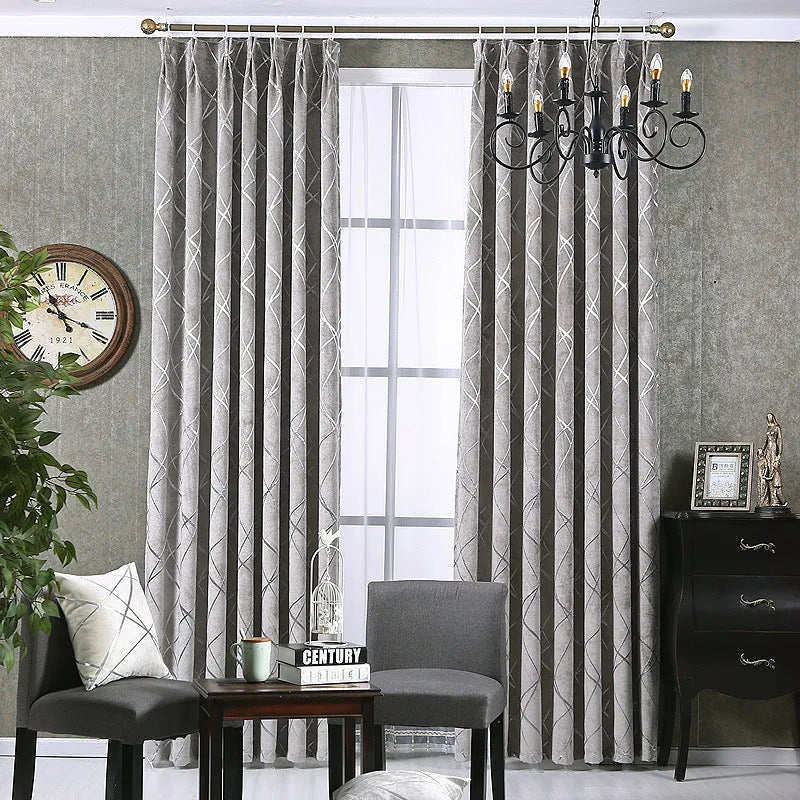 Modern minimalist chenille blackout curtain in water cube grey colour, jacquard woven texture