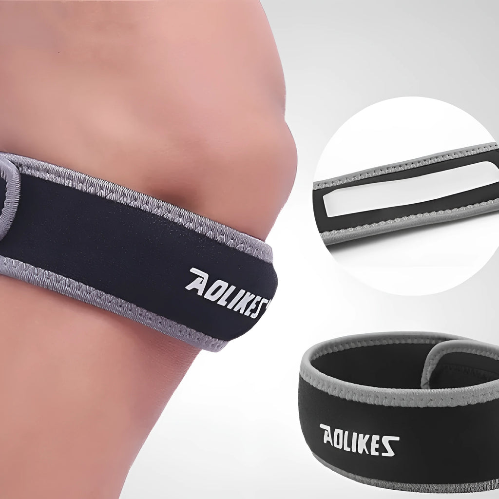 Black and grey adult patella retinaculum knee support strap for sports
