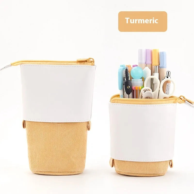 Telescopic drop-down stationery case in cotton and linen with purple PU corduroy exterior