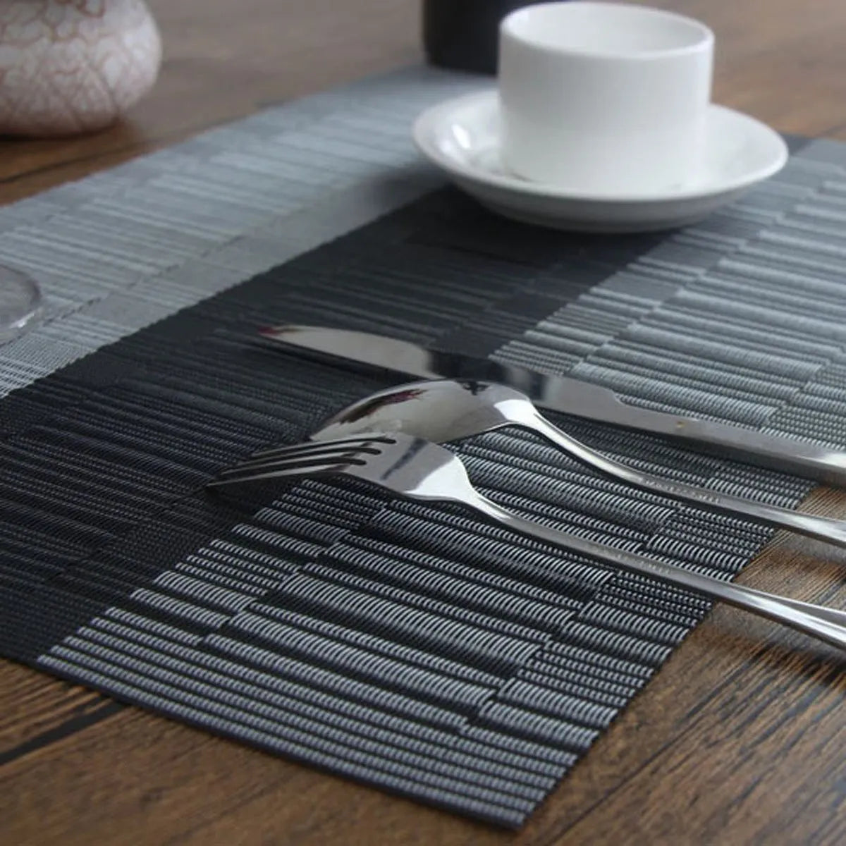 Modern PVC non-slip dish mat for kitchen counter in gradient bamboo grey colour.