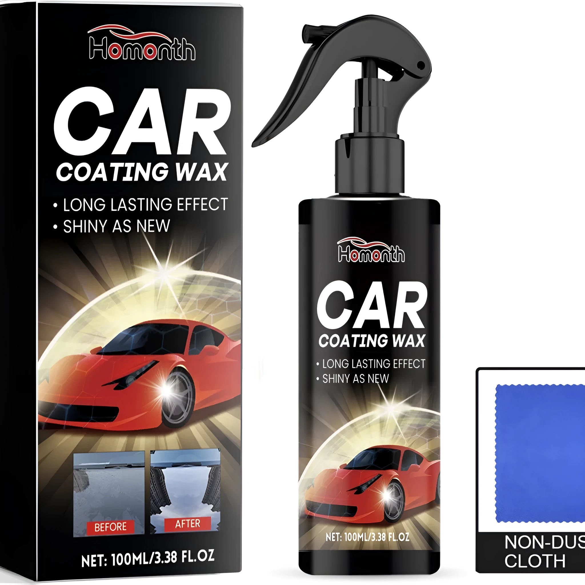 500ml bottle of car coating wax and a white 20x20cm microfibre applicator cloth on a table