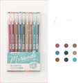 Set of nine colourful 0.5mm needle-tip gel pens with plastic shells arranged in a box.