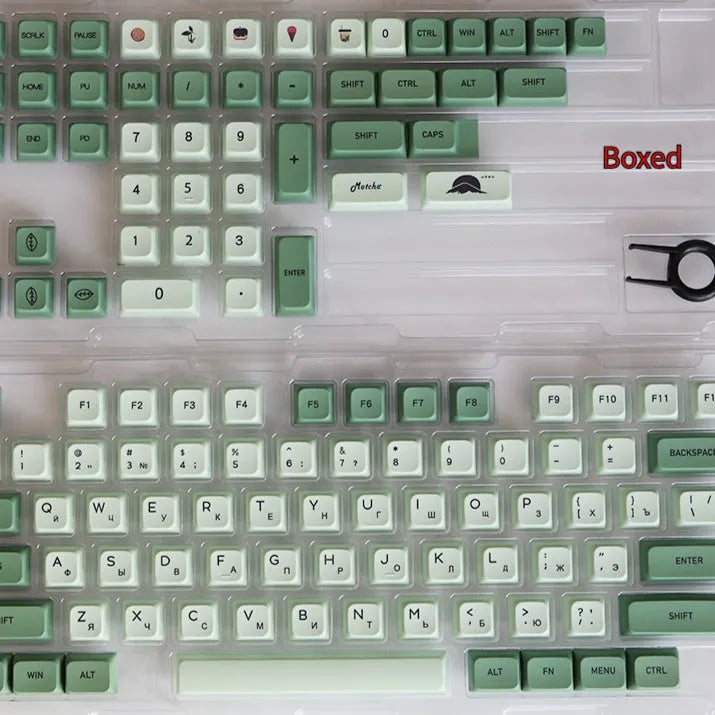 124-key matcha green PBT keycap set showing multiple international language layouts including Arabic and Korean.