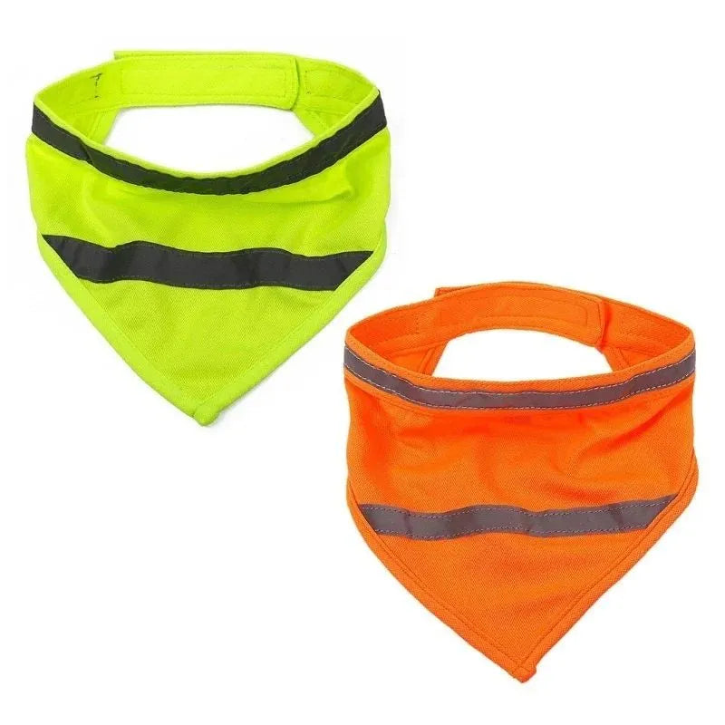 Yellow orange reflective dog bandana with adhesive strap shown on pet collar