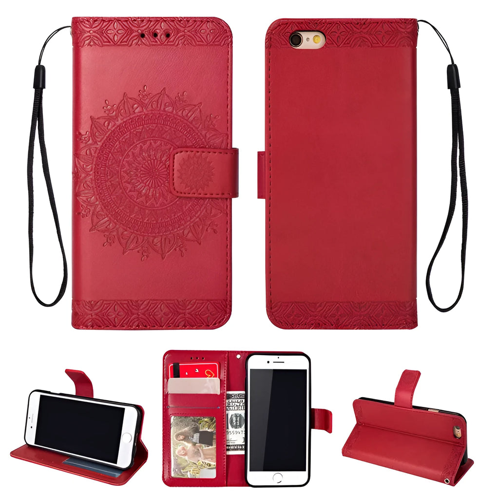 Red flip type anti-drop mobile phone case for Apple iPhone 6 Plus 6S Plus with imitation leather relief texture