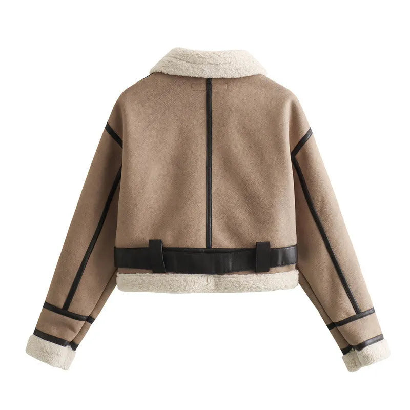 Women's long sleeve lamb wool splicing PU coat in khaki and brown, with zipper front, Japanese Korean casual unisex style