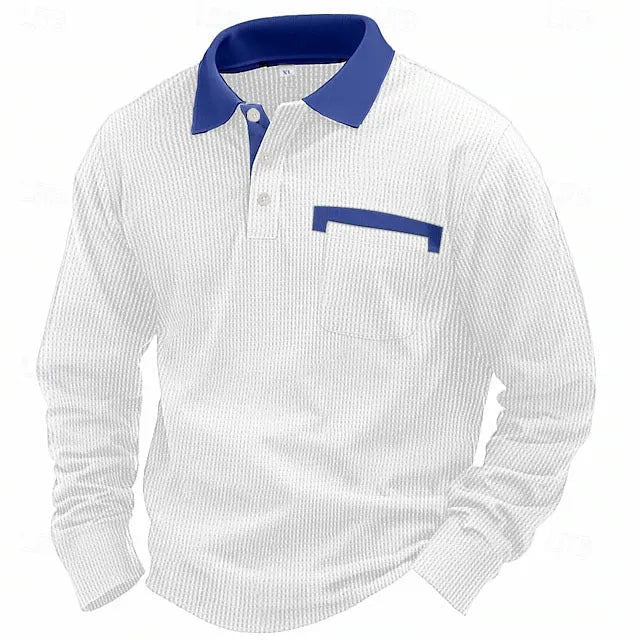 Men's long-sleeved waffle knit polo shirt in a loose fit, shown in a dark green colour.