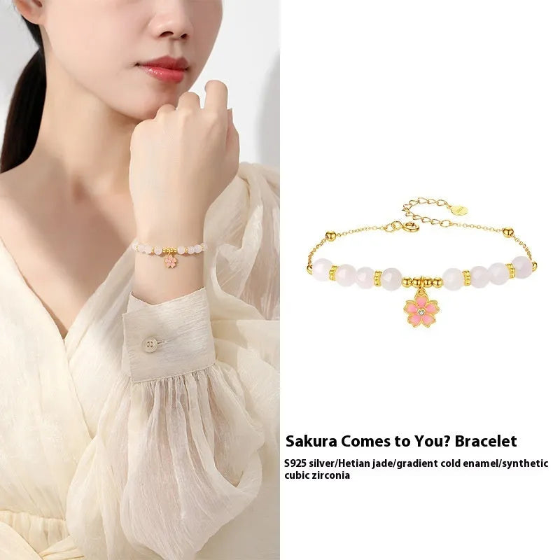 Women's pink bracelet with S925 silver cherry blossom pendant and Hetian jade beads