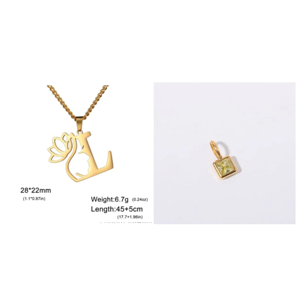 Gold electroplated stainless steel necklace with a cross chain and a letter 'A' pendant on a white background.