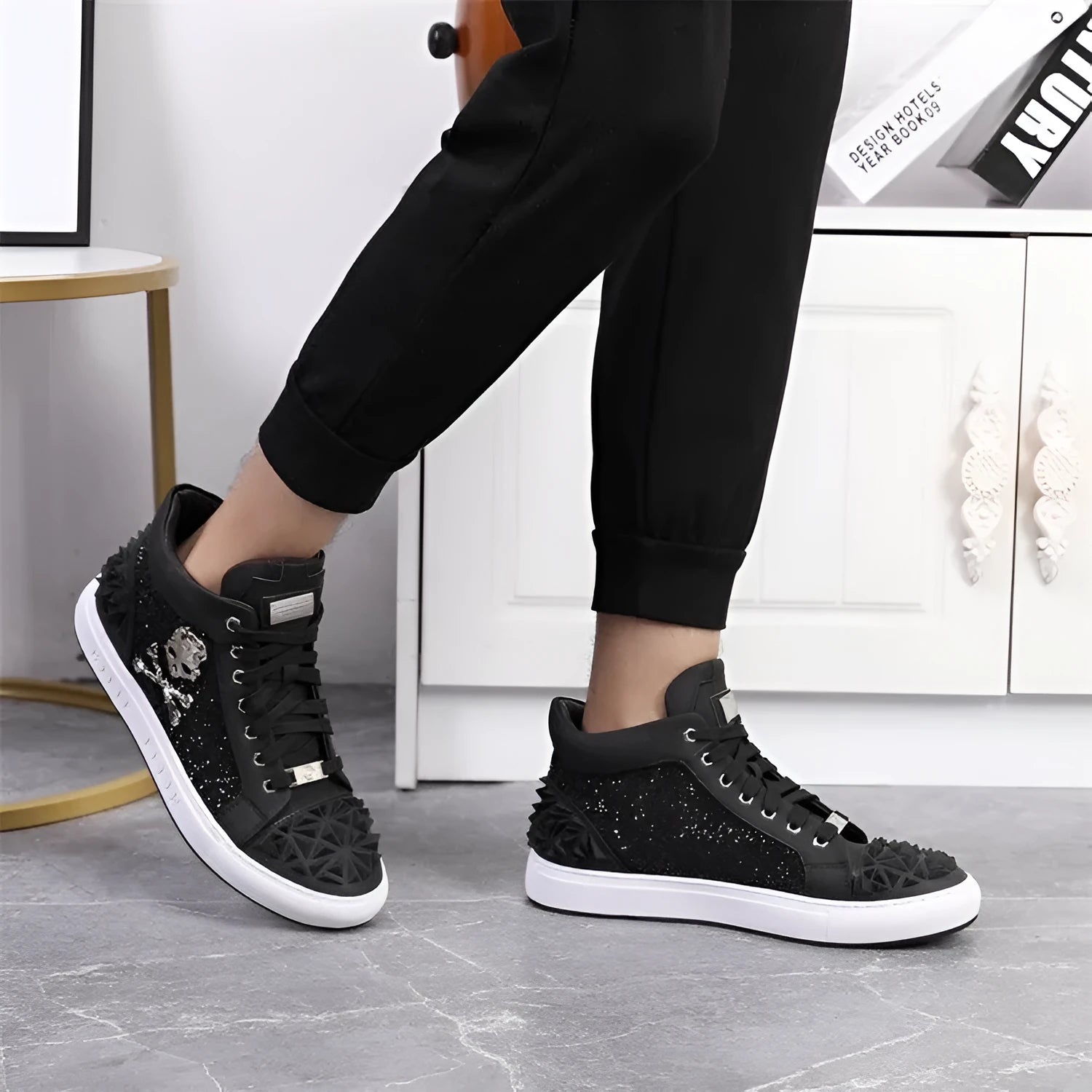 Men's black genuine leather high top skeleton shoes with red laces, shown on a white background.