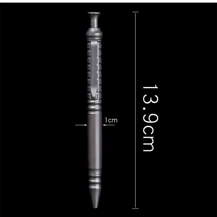 Gunmetal grey titanium alloy tactical pen with push-action mechanism and 0.5mm nib in a gift box.