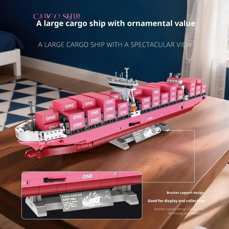 Freighter container ship building blocks in pink colour for teenager assembly