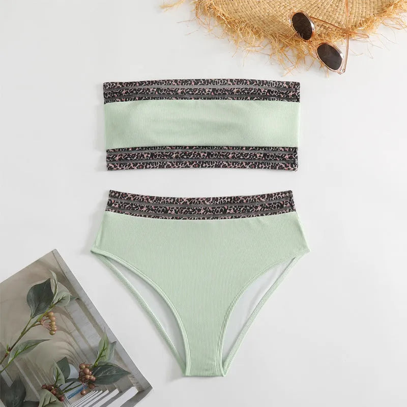 Black strapless bandeau swimsuit with leopard print pattern, high elasticity fabric