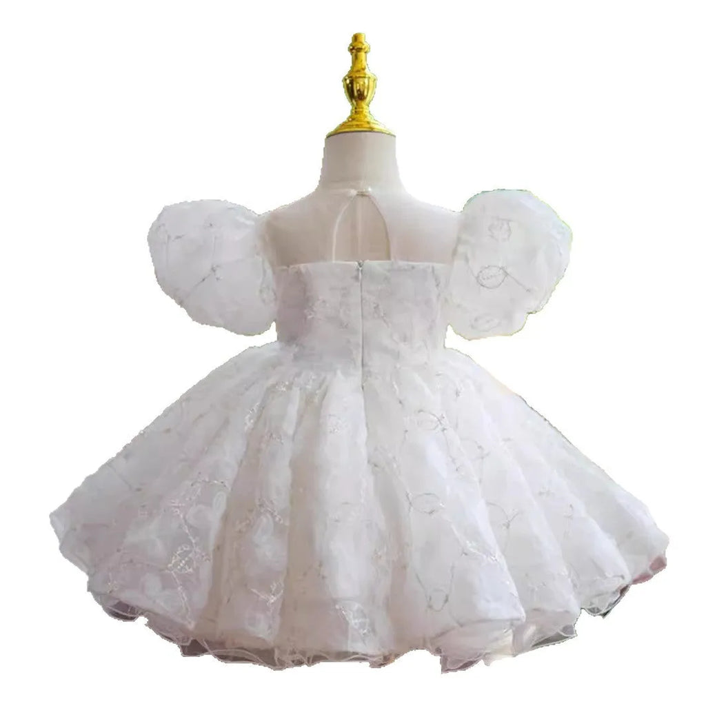 Girls' 100-day birthday party dress beige puff sleeve super fairy princess, white colour option available