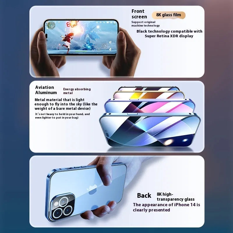 Double-sided glass ultra-thin magnetic phone case for iPhone 16 in electroplated silver finish