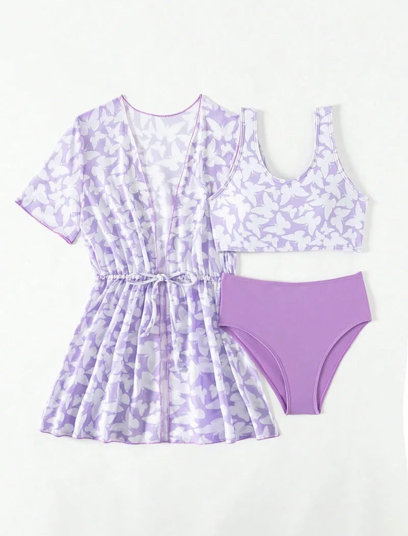 Girls' three-piece polyester swimsuit set in printed design for ages 8-12