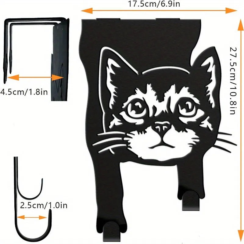 Black iron decorative cat wall hook with punch-free mounting system for accessories