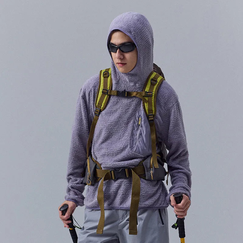 Breathable pullover hoodie for men – polyester fibre blend with zip pocket, black colour, front view