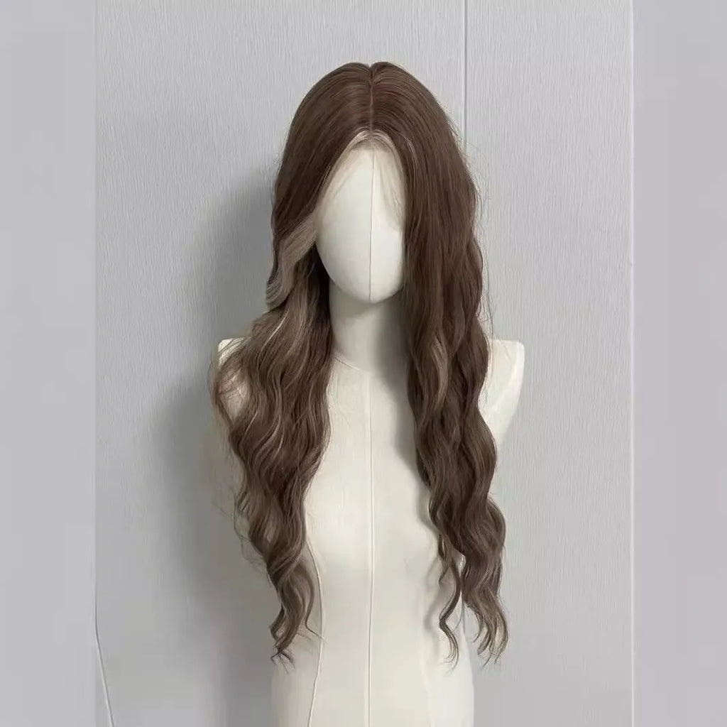 Long curly grey gold synthetic wig with lace front and highlights.