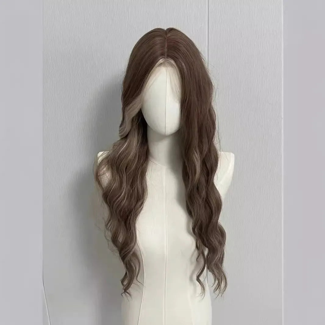 Long curly grey gold synthetic wig with lace front and highlights.