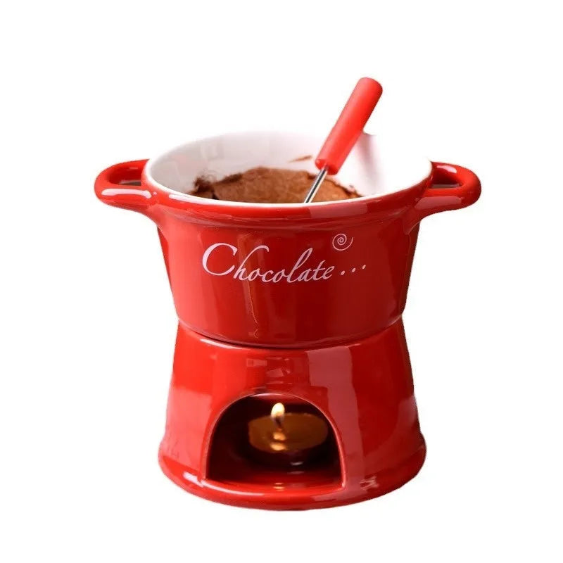 Ceramic binaural hot pot cup in red with wooden handle and candle for melting chocolate